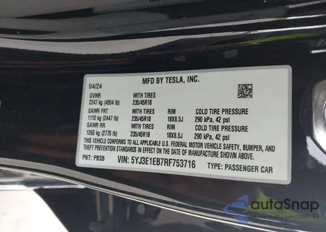 2024 Tesla Model 3 Long Range Dual Motor All-Wheel Drive из США, поврежденный, VIN 5YJ3E1EB7RF753716